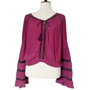 Free People Purple V Neck Elastic Waist Bell Sleeve Blouse Size Medium